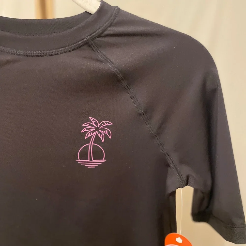 Wonder Nation Kids Black Rash Guard Swim Shirt Palm Tree Graphic Size M 8‎ NWT